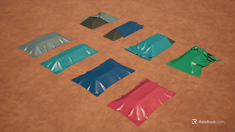 Building Components Colorful Rectangular Tarps with Wrinkles in Various Colors on Ground 3d model