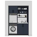 Modern Navy Blue Bathroom Cabinetry With Washing Machine Dryer And Hexagonal Tile Backsplash