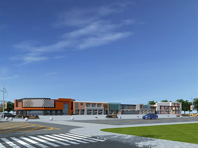 Modern Commercial Street With Colorful Facades Parking Area Lawn And Trees Under Blue Sky 3d model