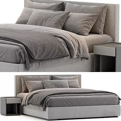 Modern Double Bed Interior With Soft Gray Bedding And Wooden Nightstand 3d model