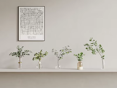 Fresh Green Hanging Basket Plants in Glass Vases on White Shelf with City Map Artwork 3d model