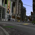 Vibrant Commercial Street with Tall Buildings Buses Taxis and Pedestrians