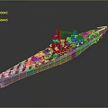 Large Military Battleship with Red White Striped Bow Blue Hull and Turrets on Deck