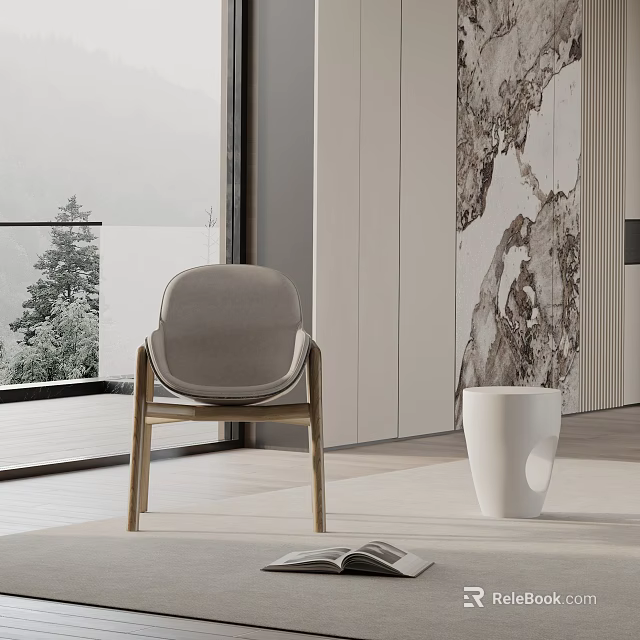 Modern Luxury Dining Chair in Modern Interior Space with Large Window Trees and White Vase 3d model 