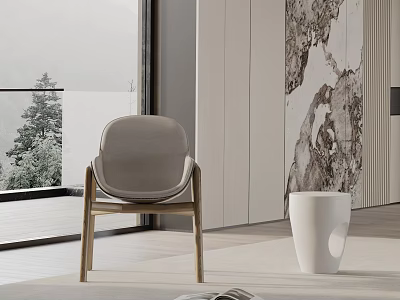 Modern Luxury Dining Chair in Modern Interior Space with Large Window Trees and White Vase 3d model
