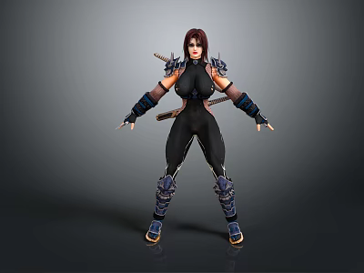 Female Game Movie Character In Black Bodysuit With Shoulder Armor And Dual Swords 3d model