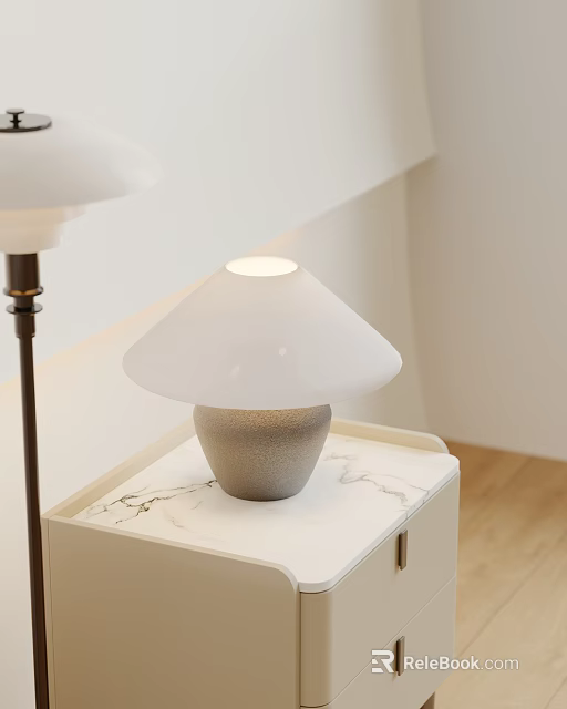 Modern Table Lamp With White Frosted Glass Shade And Gray Base On Marble Tabletop 3d model 