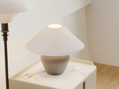 Modern Table Lamp With White Frosted Glass Shade And Gray Base On Marble Tabletop 3d model