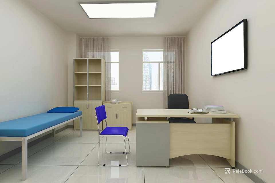 Medical Consultation Room Interior With Blue Medical Bed Purple Chair Desk And TV Screen 3d model 