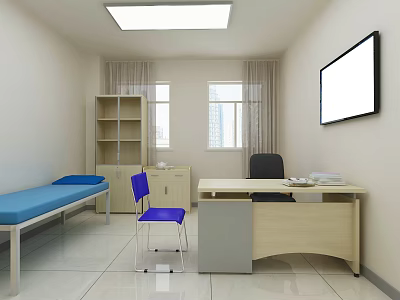Medical Consultation Room Interior With Blue Medical Bed Purple Chair Desk And TV Screen 3d model