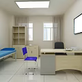 Medical Consultation Room Interior With Blue Medical Bed Purple Chair Desk And TV Screen