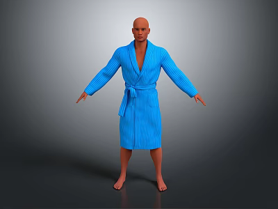 Bald Man in Blue Striped Bathrobe Standing with Arms Outstretched on Gray Gradient Background 3d model