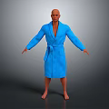 Bald Man in Blue Striped Bathrobe Standing with Arms Outstretched on Gray Gradient Background