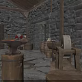 Hardware Tools In Medieval Workshop With Stone Walls Wooden Barrels Axe And Beams