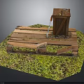 Wooden Pallet Built Structure On Green Grass Area With Vertical Wooden Plank And Metal Parts