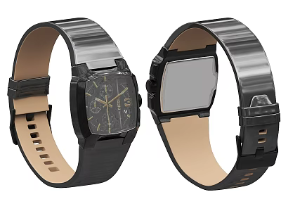 Two Square Dial Watches With Leather And Metal Straps Front Back View 3d model