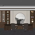 Modern Elegant Office Interior Featuring Wooden Desk Chairs Circular Decorative Painting Bookshelves And Decorative Plants