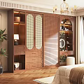 Modern Elegant Wooden Wardrobe With Double Lattice Doors Mirror Plants And Chandelier