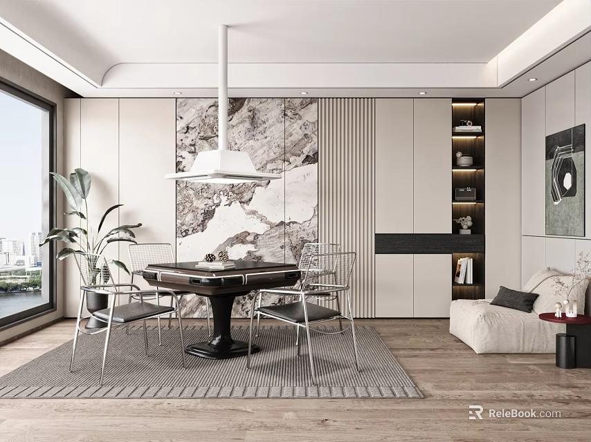 Modern Dining Table Set with Sleek Chairs Decorative Wall Art Potted Plant and Large Window 3d model 