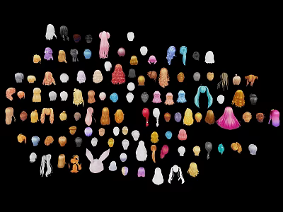 Cartoon Style Organs and Hair Artworks with Various Colors Different Shapes on Black Background 3d model