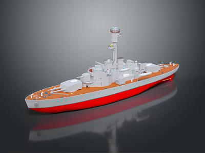 Warship Model with White Hull Red Bottom Multiple Turrets and Superstructure 3d model