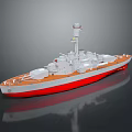 Warship Model with White Hull Red Bottom Multiple Turrets and Superstructure