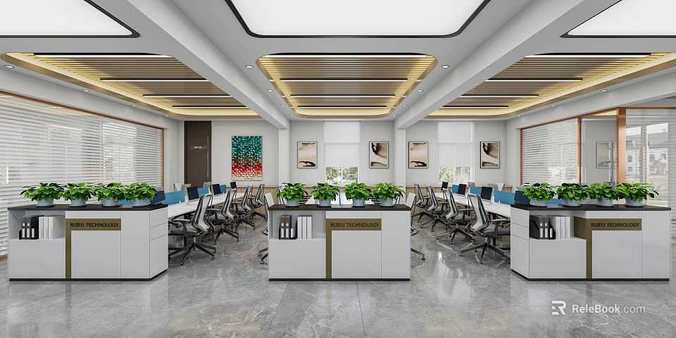 Modern Public Office Area Interior With Open Layout Ergonomic Desks Green Plants And Ceiling Lights 3d model 