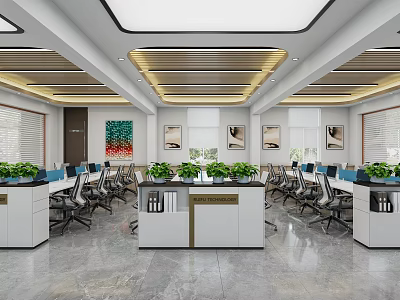Modern Public Office Area Interior With Open Layout Ergonomic Desks Green Plants And Ceiling Lights 3d model
