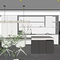 Modern Open Concept Dining Living Room Interior With Sofa Dining Table Fireplace And Pendant Lights