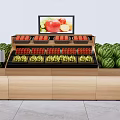 Wooden Display Shelf with Various Fresh Fruits Arranged and Screen Showing Fruit