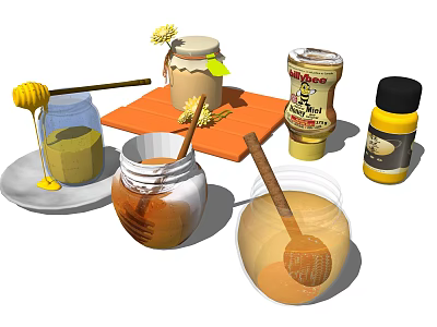 Fresh Honey Jars With Wooden Spoon Glass Bowl And Decorative Flowers On Table 3d model