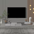Modern TV Stand with Flat TV Decorative Deer Figurine Green Plant and Wall Lights