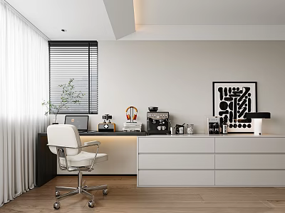 Minimalist Modern Home Office Desk With White Chair Coffee Machine Office Supplies And Decorative Artwork 3d model