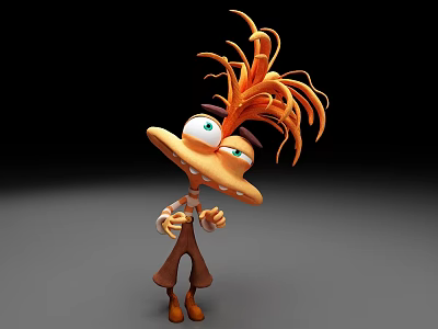 Cartoon Character Featuring Orange Spiky Hair Big Green Eyes Wide Brimmed Hat Brown Outfit 3d model