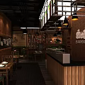 Modern Restaurant Interior with Wooden Brick Walls Dining Tables and Pendant Lights