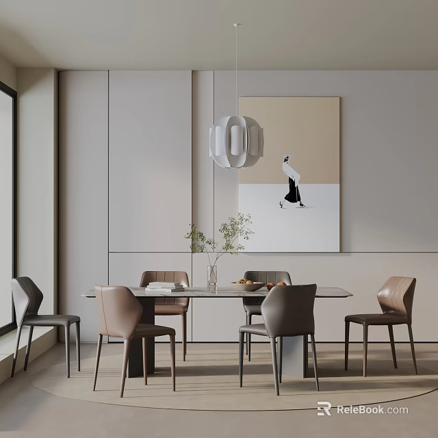 Modern Dining Table Set With Gray Brown Chairs White Pendant Light Greenery And Wall Art 3d model 