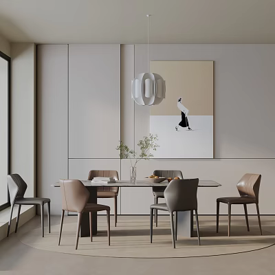 Modern Dining Table Set With Gray Brown Chairs White Pendant Light Greenery And Wall Art 3d model