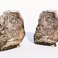 Carved Stone Decorative Pieces With Wooden Accents And Intricate Patterns
