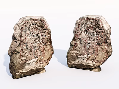 Carved Stone Decorative Pieces With Wooden Accents And Intricate Patterns 3d model