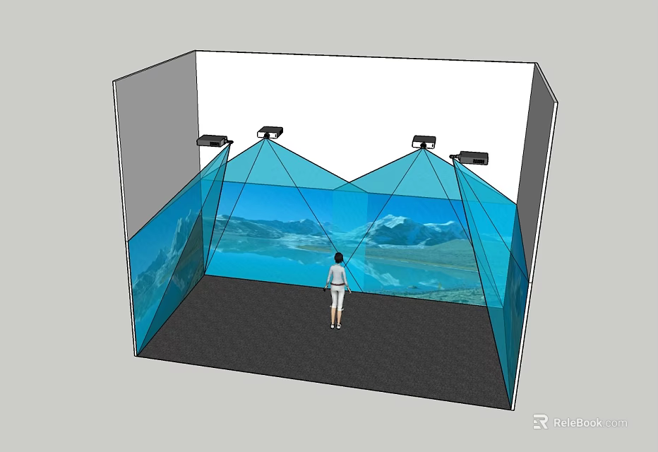 Projection Monitoring System in Immersive Three Sided Projection Space With Landscape Imagery and Person 3d model 