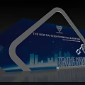 Blue Background Wall with City Skyline Silhouette and White Geometric Frame Promoting New Future Innovation