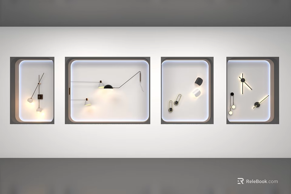 Modern Wall Lamps Displayed in White Cases with Various Designs and Lighting Effects 3d model 