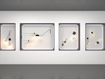 Modern Wall Lamps Displayed in White Cases with Various Designs and Lighting Effects 3d model