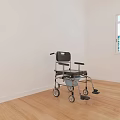 Medical Equipment Mobility Commode Chair with Black Seat Silver Frame Blue Bucket Wheels and Footrests