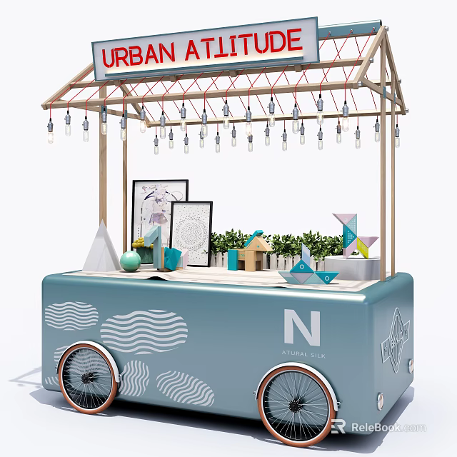 Urban Fare Functional Cart With Wood Frame String Lights Wavy Patterns Bicycle Wheels And Plants 3d model 