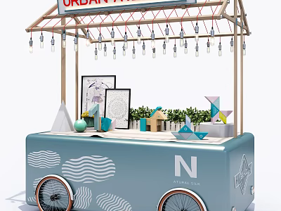 Urban Fare Functional Cart With Wood Frame String Lights Wavy Patterns Bicycle Wheels And Plants 3d model