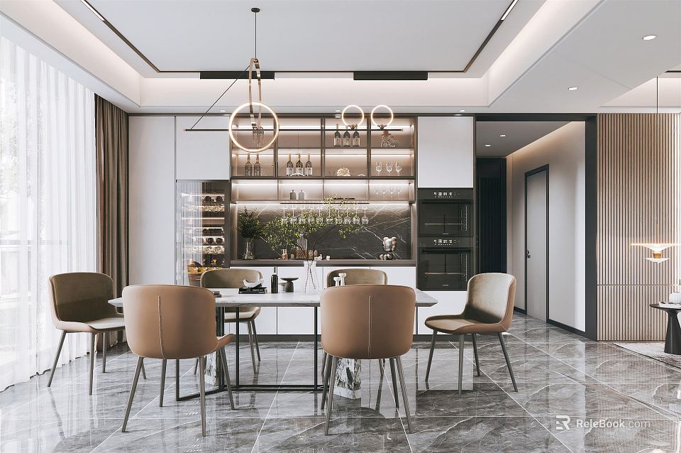 Modern Luxury Restaurant Interior With Round Chandelier Dining Table And Leather Chairs 3d model 