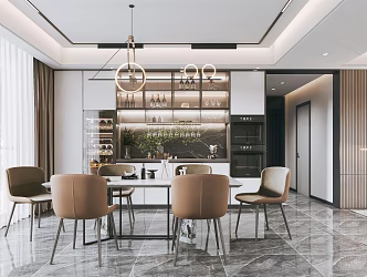 Modern Restaurant Dining Table and Chair Combination Restaurant Chandelier Sideboard Open Kitchen Wine Cabinet Restaurant Console 3d model