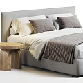 Double Bed With Gray And White Bedding And Wooden Nightstand In Minimalist Design