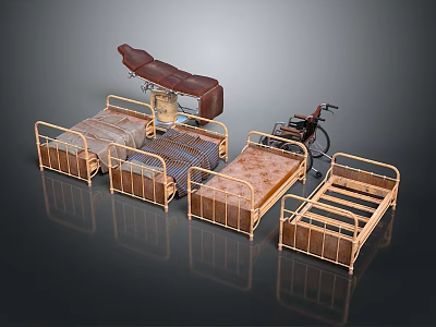 Different Types of Medical Beds with Wheelchair and Treatment Table in Healthcare Use 3d model